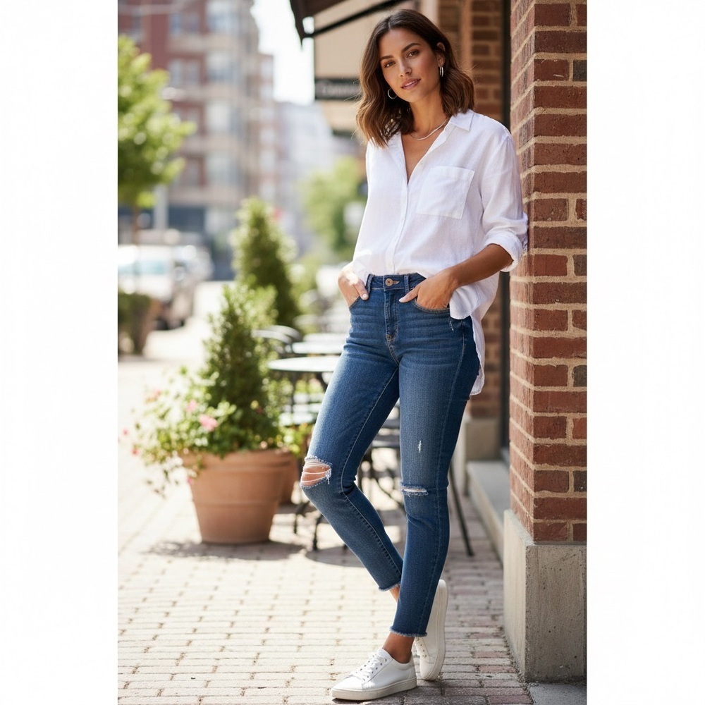 Sam Edelman "The Kitten" Mid Rise Skinny Ankle Jeans - Distressed Dark Wash S 26